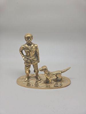 Cast Brass Figurine of a Man in Sporting or Military Attire with a Gundog