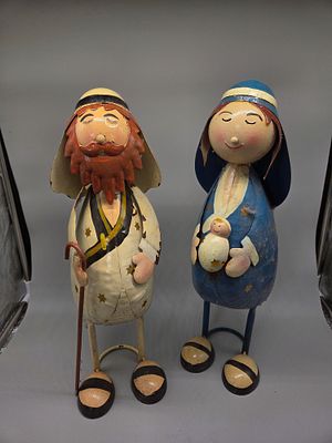 A Pair of Painted Sheet Metal Nativity Figurines in the Style of Lori Mitchell