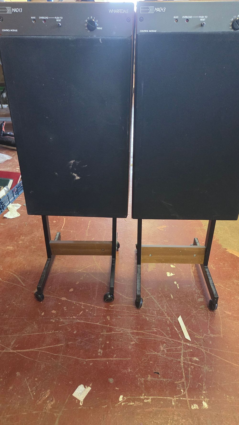 Lot 305 – A Pair of Wharfedale Mach 3 Floor-Standing Speakers on Castor Stands