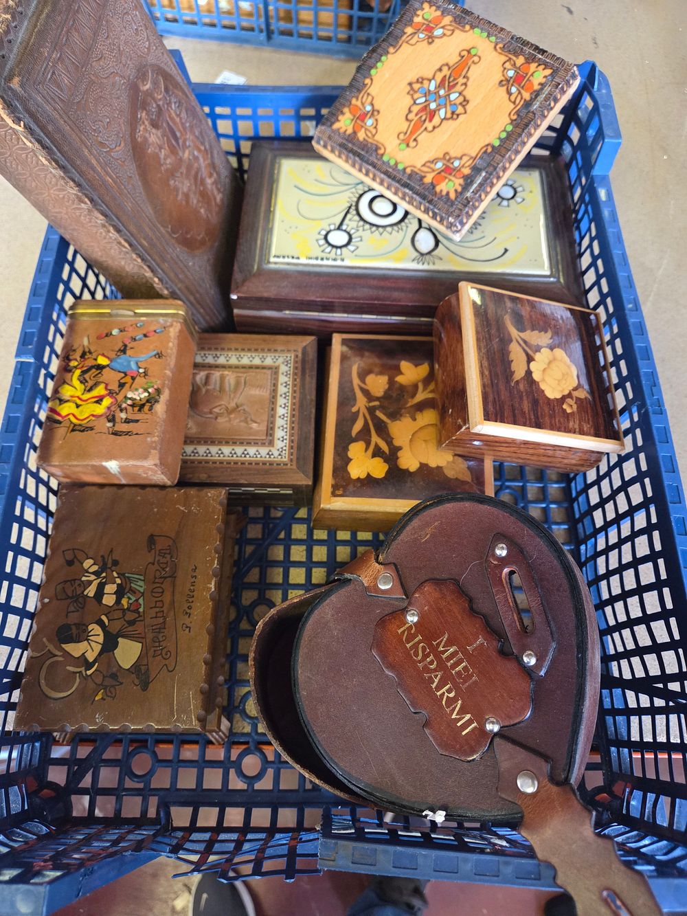 Lot 330 – A Collection of Decorative Wooden and Leather Boxes including Sorrento Style Marquetry and Italian Savings Bank