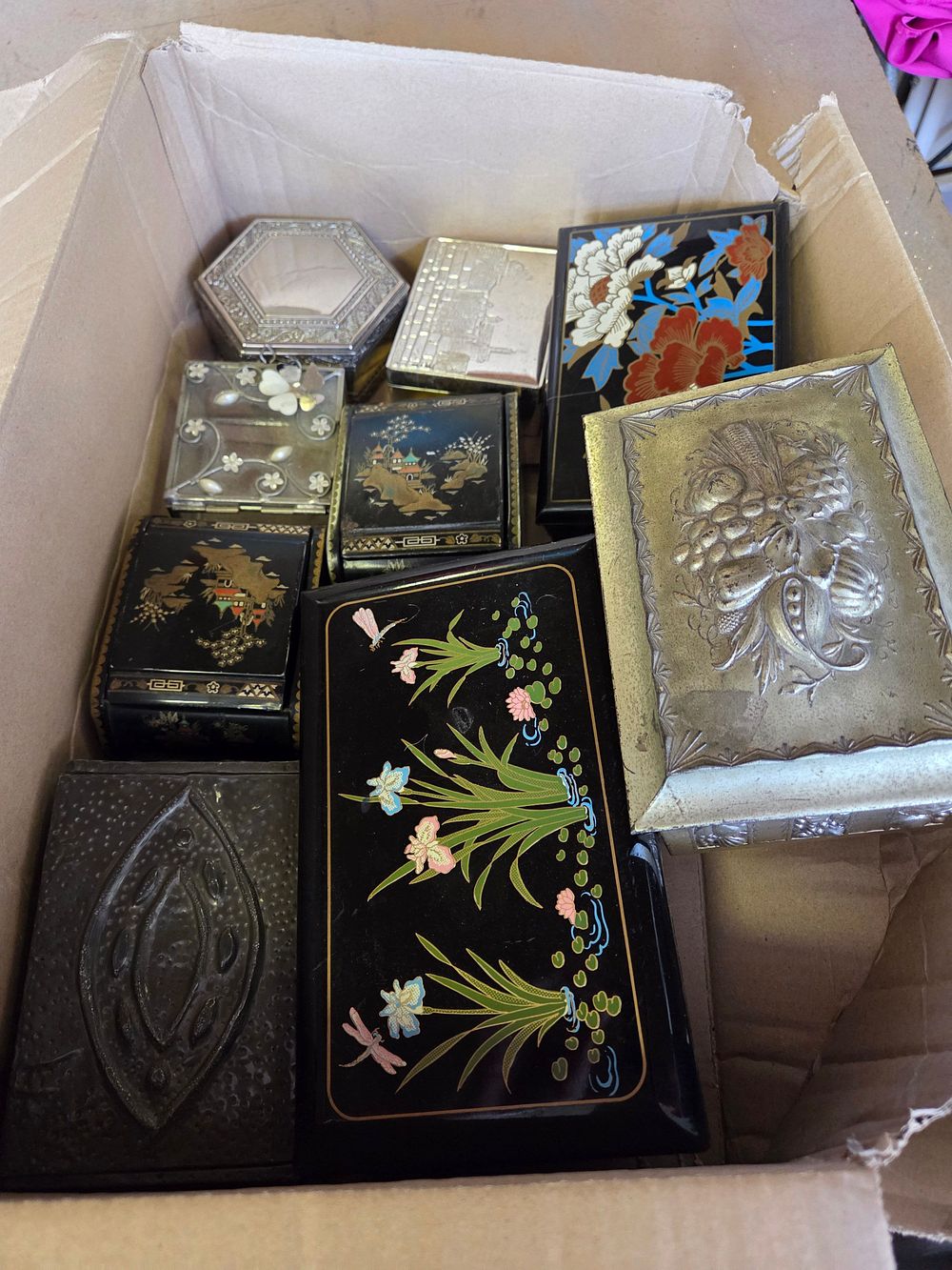 Lot 333 – An Assortment of Decorative Metal, Glass, and Japanese-Style Lacquer Boxes