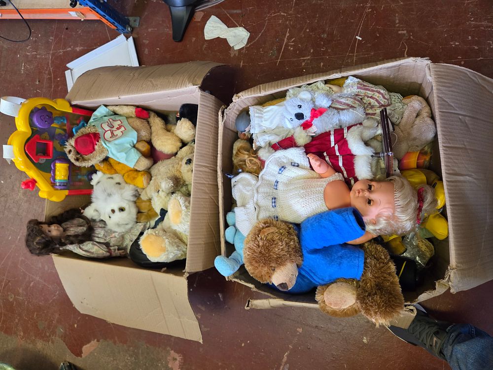 Lot 334 – Two Boxes of Mixed Plush Toys, Vinyl Dolls, and Infant Activity Toys