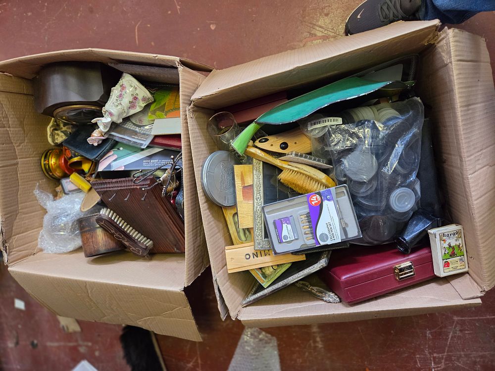 Lot 335 – Two Boxes of Household Collectables, Games, and Miscellaneous Items