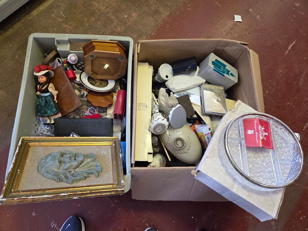 Lot 350 – Two boxes of Miscellaneous Household Collectibles, Ceramics, and a WMF Glass Serving Dish