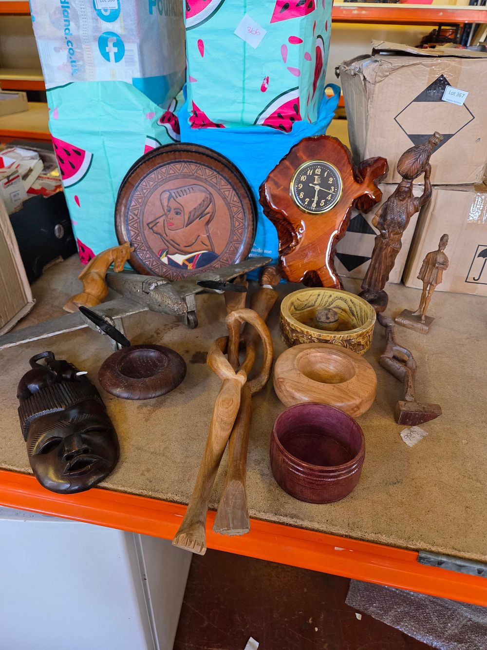 Lot 368 – An Assortment of Decorative Wooden Objects and Collectibles including Carved Figures, Turned Bowls, and a Wall Clock