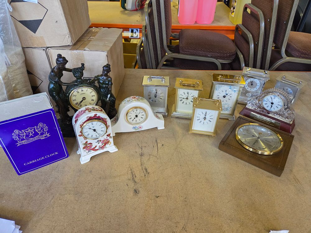 Lot 370 – An Assortment of Decorative Mantel Clocks and a Wooden-Cased Barometer