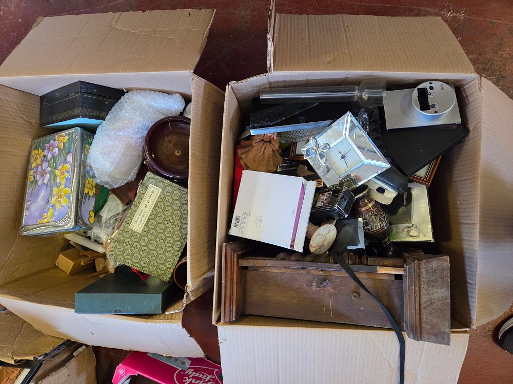 Lot 371 – Two Boxes of Miscellaneous Household Items, Collectibles, and Decorative Objects