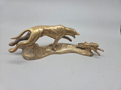 Vintage Solid Brass Greyhound Chasing Hare Figurine