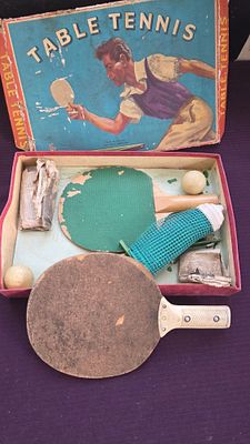 A Vintage Cascelloid and Bats Empire Production Table Tennis Set