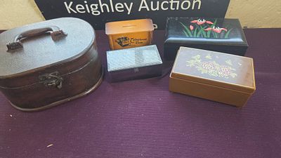 A Collection of Vintage Decorative and Functional Boxes including a Vanity Case and Musical 