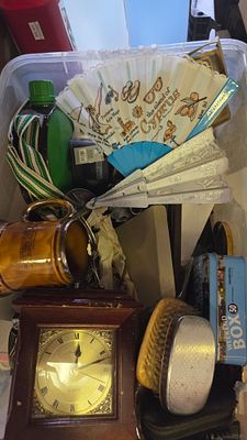 A Collection of Vintage Household Items and Souvenirs including a Mantel Clock and Stoneware Tankard