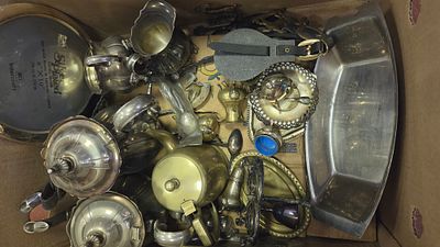 A Collection of Silver-Plated, Brass, and Miscellaneous Metalware Including Teaware and a Photo 