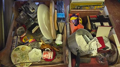 Two Boxes of Household Collectables, Ceramics, Glassware, and Media