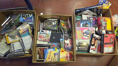 Three Boxes of Assorted DVDs, Music CDs, PC Software, and Books
