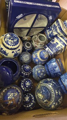 A Collection of Blue and White Ceramic Ginger Jars and Tea Caddies inc Masons