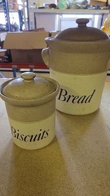 A Pair of Vintage Two-Tone Stoneware Kitchen Jars for Bread and Biscuits