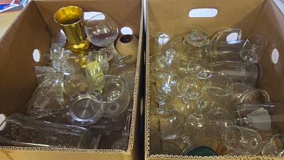 Two Boxes of Domestic Glassware and Decorative Items to include Etched Glass and Stemware