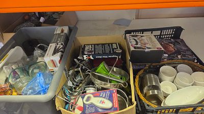 Three Boxes of Boxed and Loose Kitchenware and Household Goods