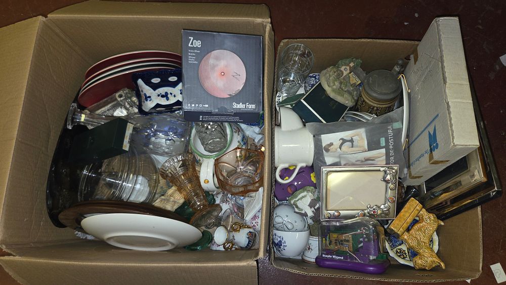 Lot 199 – Two Boxes of Household Goods, Ceramics, Glassware, and Collectibles including a Stadler Form Aroma Diffuser