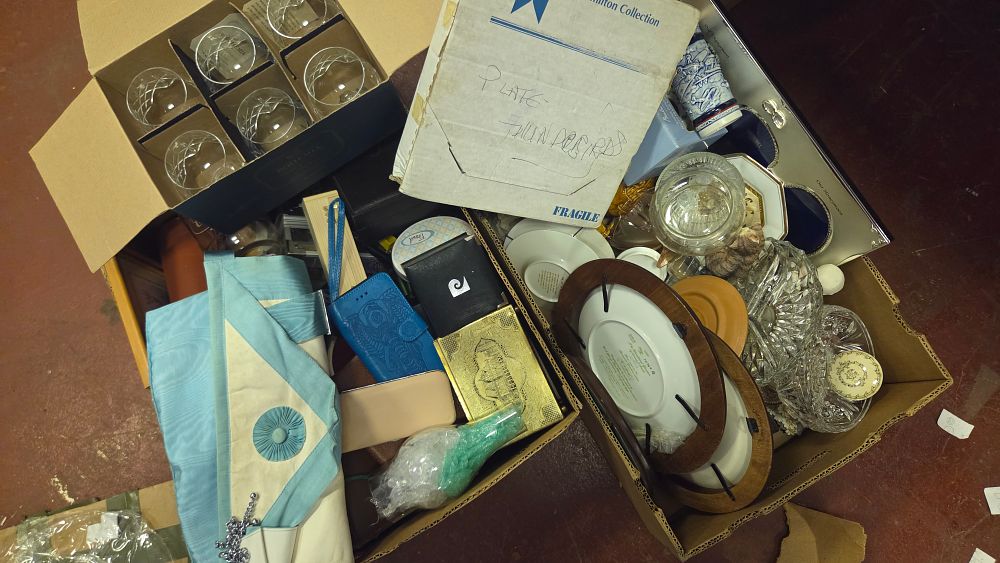 Lot 201 – Two Boxes of Household Goods, Collectibles, and Masonic Regalia including Glassware and Ceramics