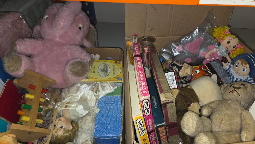 Lot 237 – Two Boxes of Vintage Toys, Board Games, and Jigsaw Puzzles including Victory and Beatrix Potter