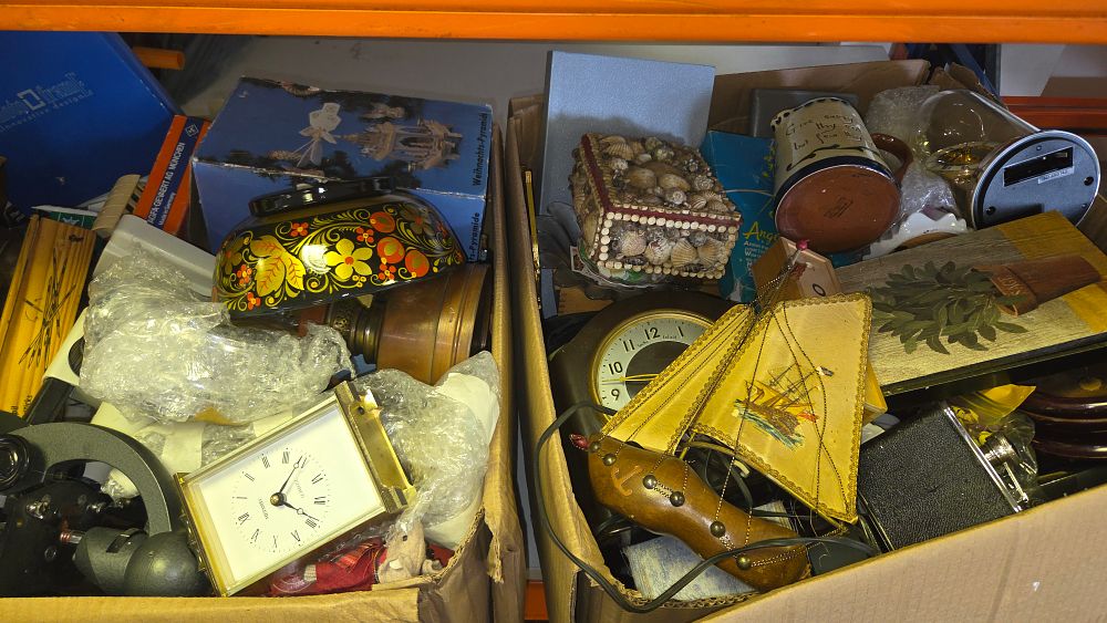 Lot 305 – Two Boxes of Vintage Collectibles, Horological Items and Decorative Objects