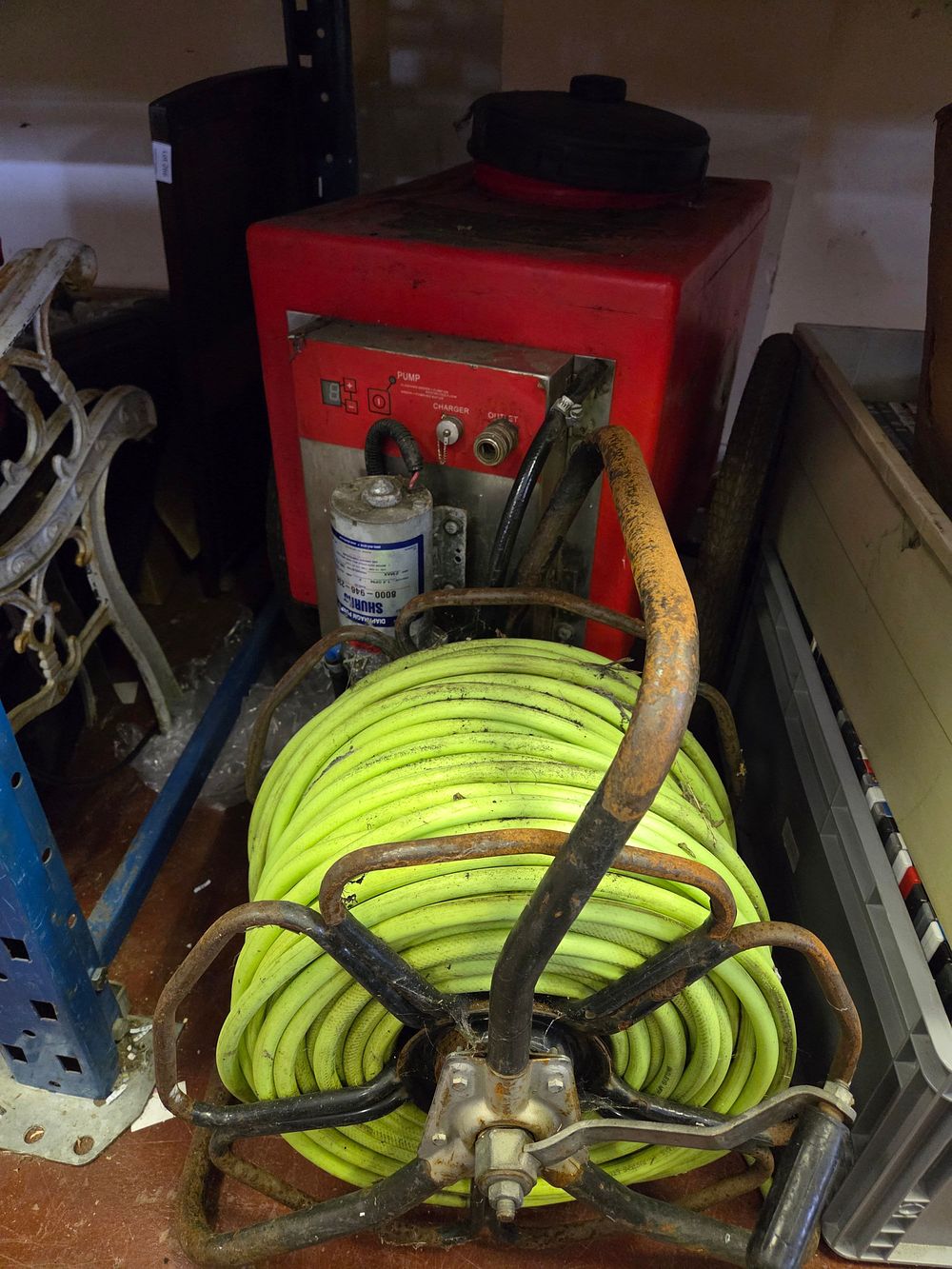 Lot 313 – A Mobile 12V Diaphragm Pump Sprayer Unit with Reservoir Tank and Hose Reel