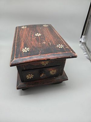 Hand-Painted Folk Art Wooden Vanity Chest with Mirror and Drawer. A small hand-painted wooden 