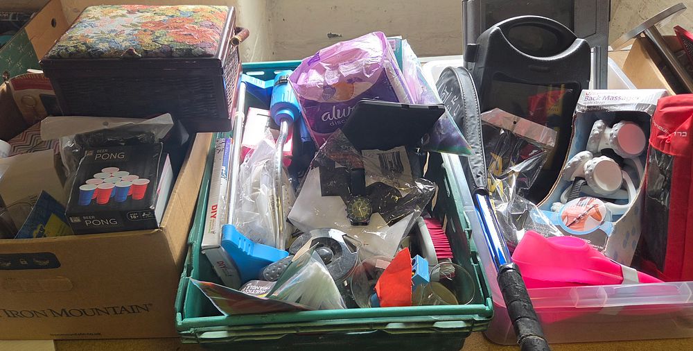 Lot 202 – Three Boxes of Miscellaneous Household Goods, Leisure Equipment, and Personal Care Items