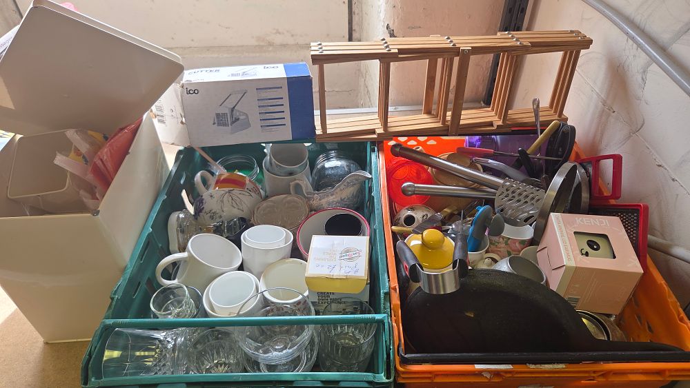 Lot 206 – Two Boxes of Kitchenware and Household Effects Including Glassware Utensils and Boxed Items
