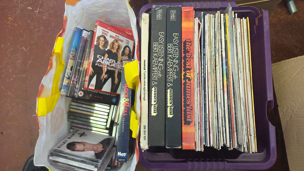 Lot 208 – Box and Bag of Vinyl Records, Compact Discs, and DVDs