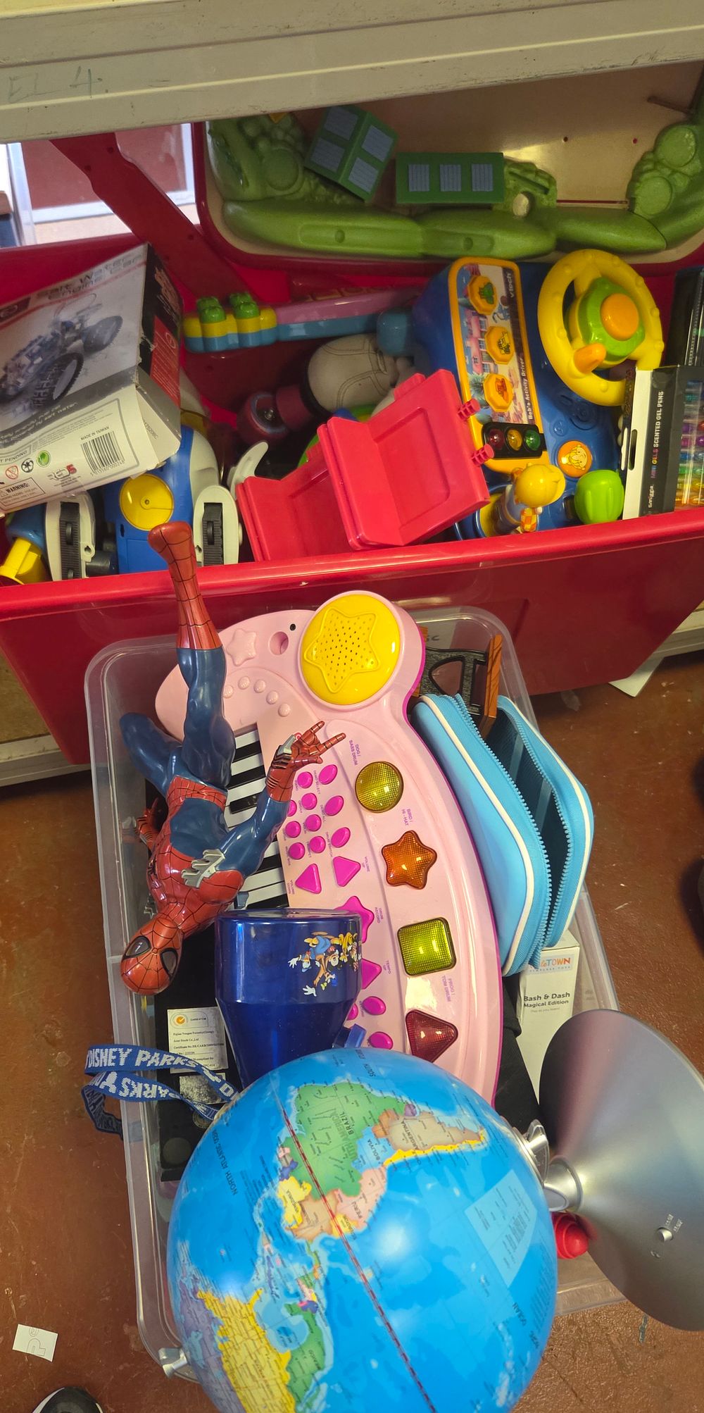 Lot 213 – Two boxes of Children’s Toys and Collectables including Vtech, Disney, and Marvel