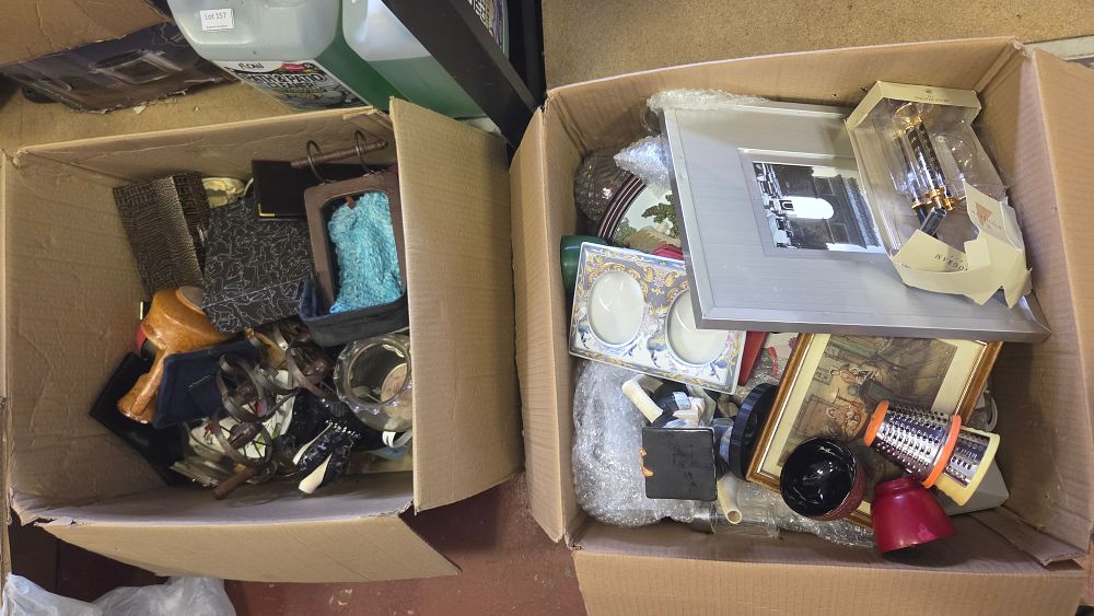 Lot 214 – Two Boxes of Miscellaneous Household Goods, Decorative Items, and a Shaving Set