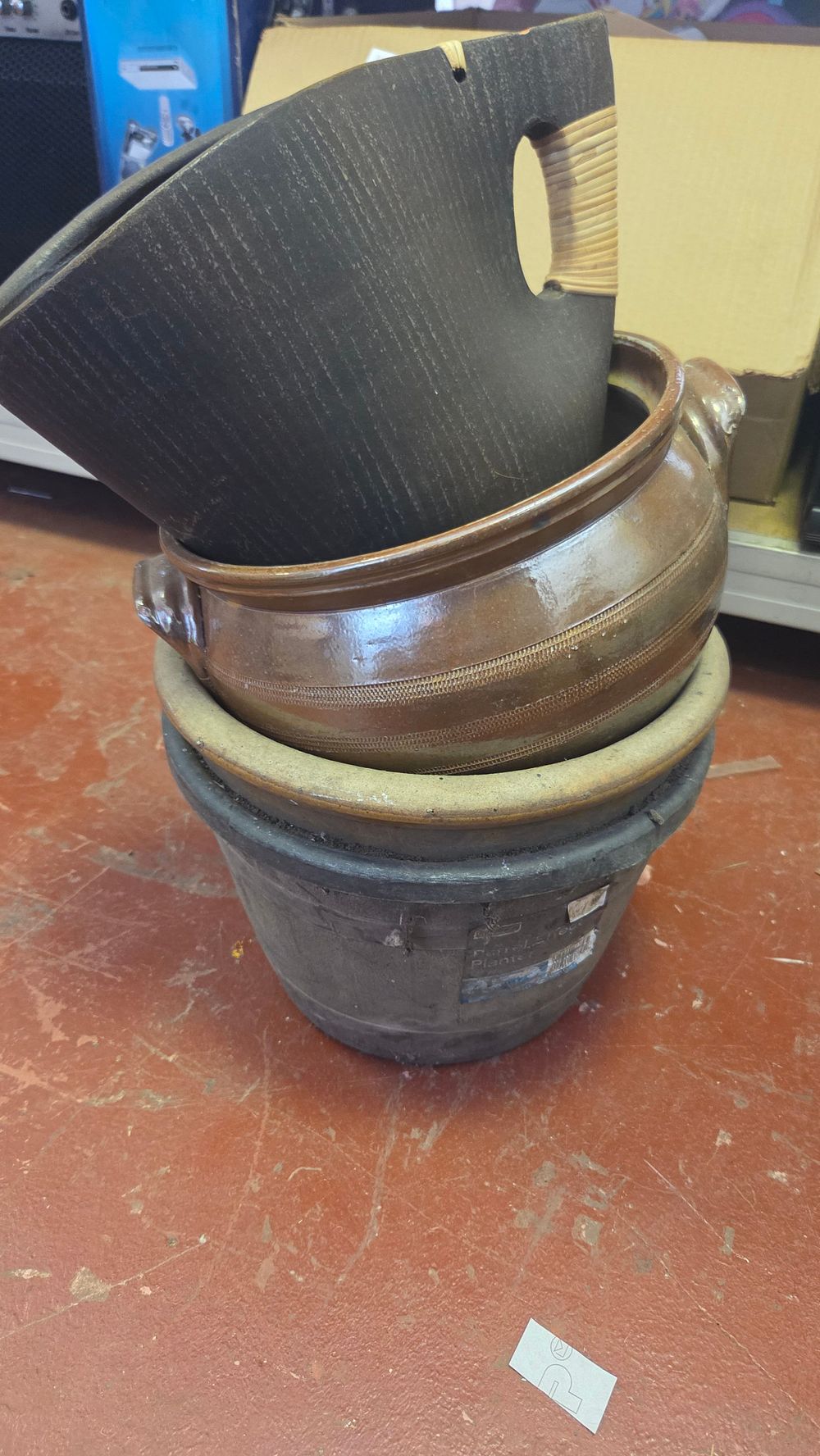 Lot 222 – A Trio of Large Vessels Including a Salt-Glazed Stoneware Crock and a Decorative Wood-Grain Bucket