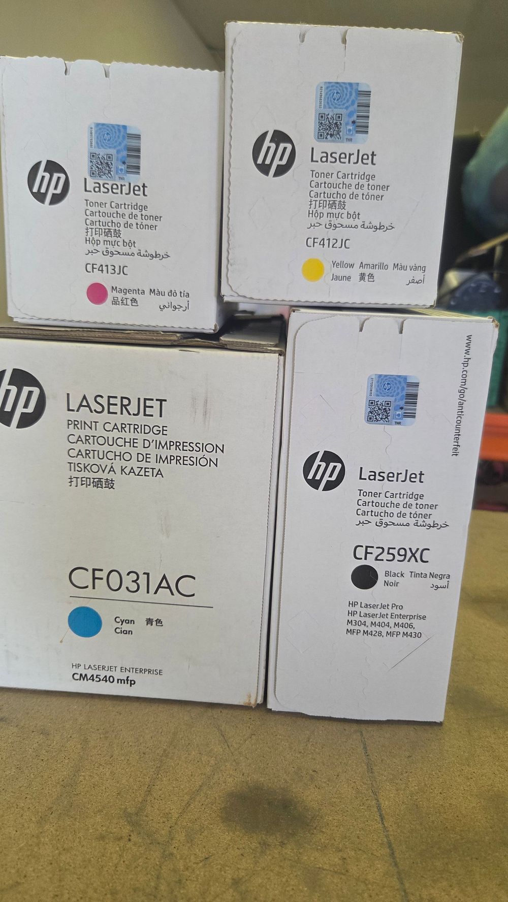 Lot 231 – Four HP LaserJet Toner Cartridges Models CF259XC CF031AC CF412JC and CF413JC