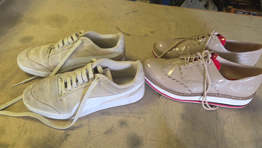Lot 246 – Two pairs of women’s shoes including Puma suede trainers and Zara patent platform brogues size 6