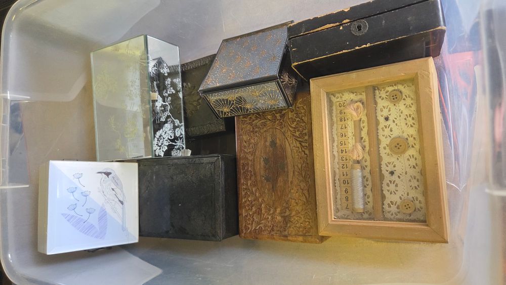 Lot 253 – A Collection of Assorted Decorative Boxes and a Sewing-Themed Shadow Box