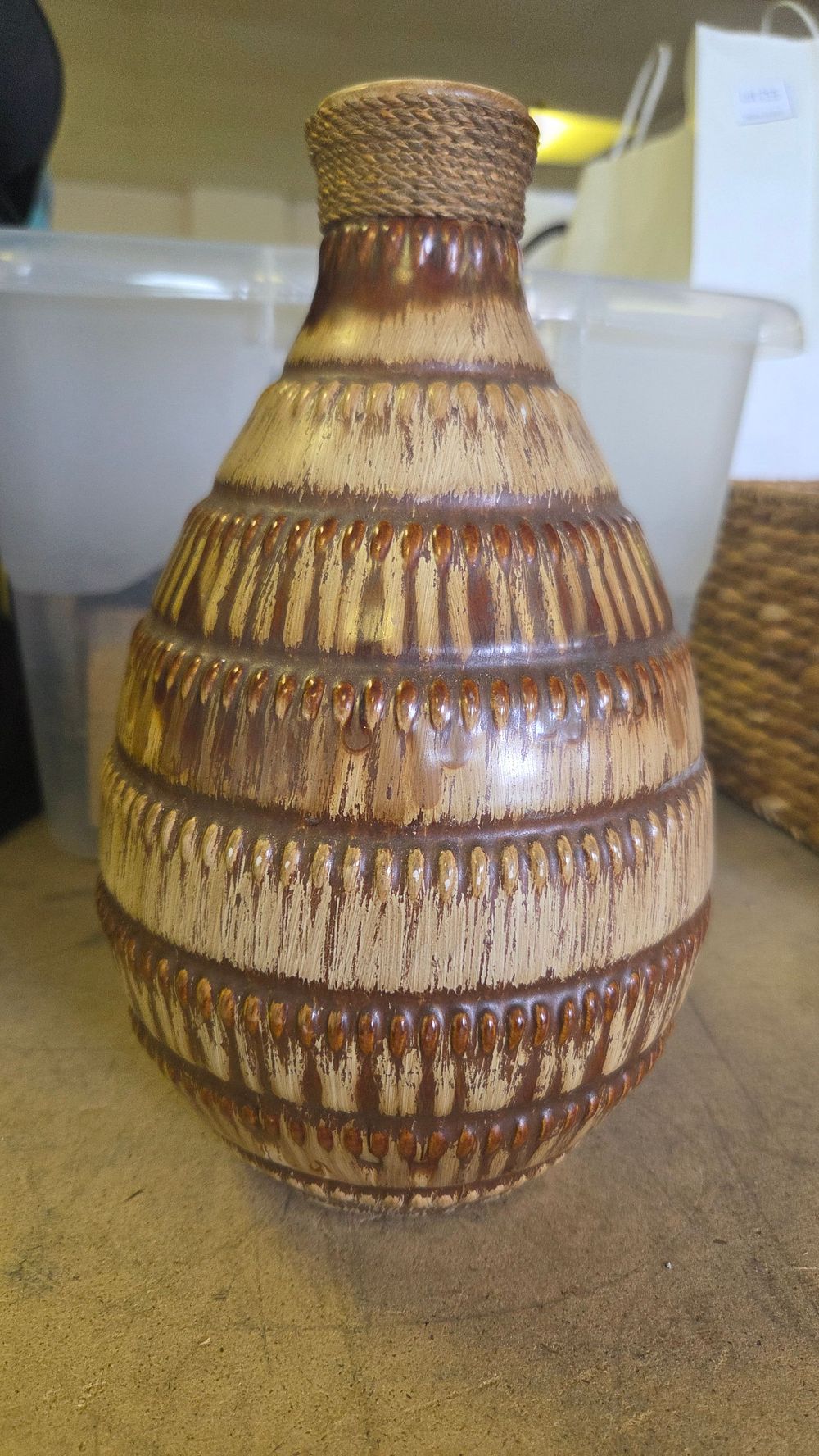 Lot 256 – Mid-Century Modern Brown and Cream Glazed Earthenware Vase with Braided Rim