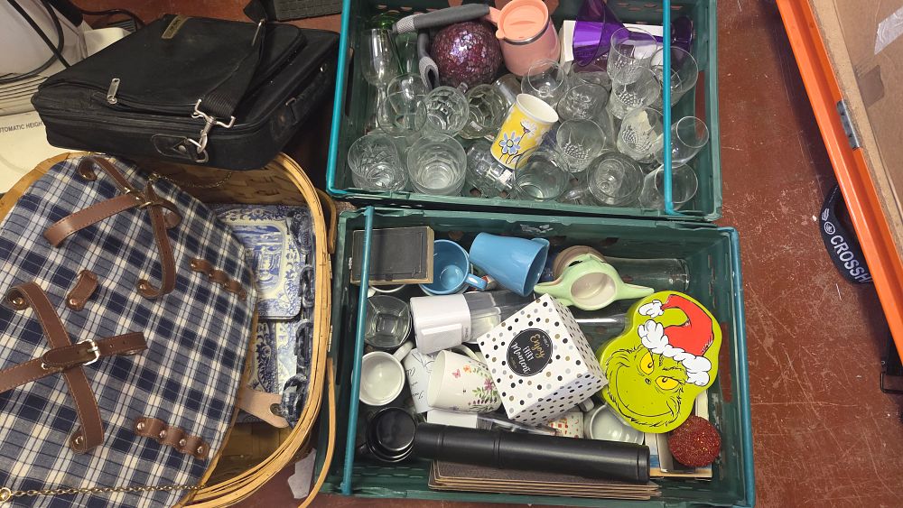 Lot 281 – Two Boxes and Basket of Household Goods, Glassware, Ceramics, and Bags