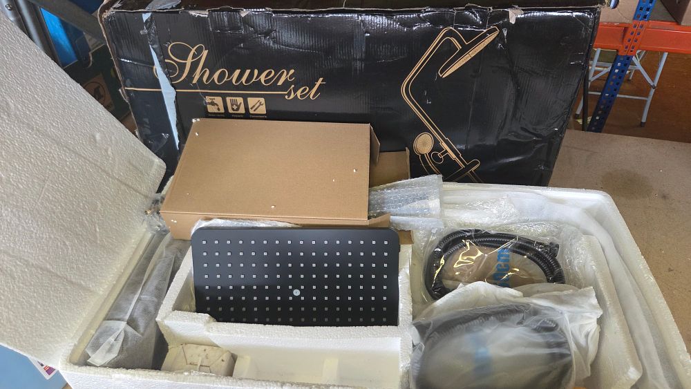 Lot 295 – Modern Matte Black Rainfall Shower Set in Original Packaging