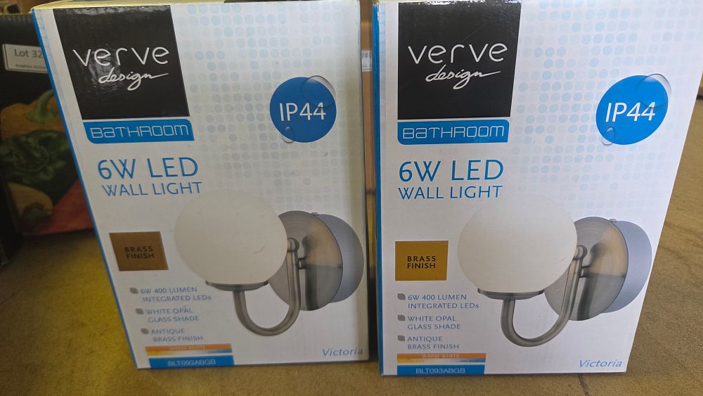 Lot 326 – A Pair of New Verve Design Victoria Bathroom 6W LED Wall Lights in Antique Brass Finish