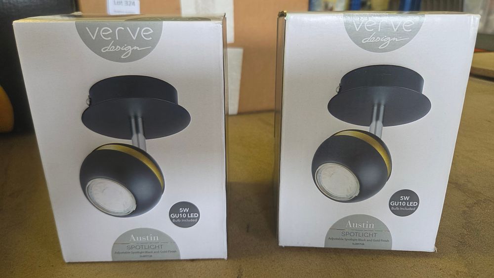 Lot 327 – A Pair of New Verve Design Austin Adjustable Black and Gold Spotlights