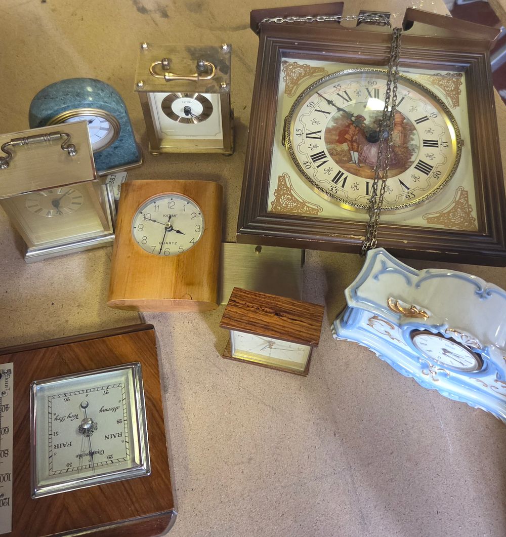 Lot 348 – An Assortment of Vintage Clocks and a Weather Station