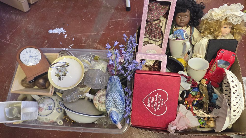 Lot 364 – Two Boxes of Household Items, Decorative Ceramics, Toys, and Dolls