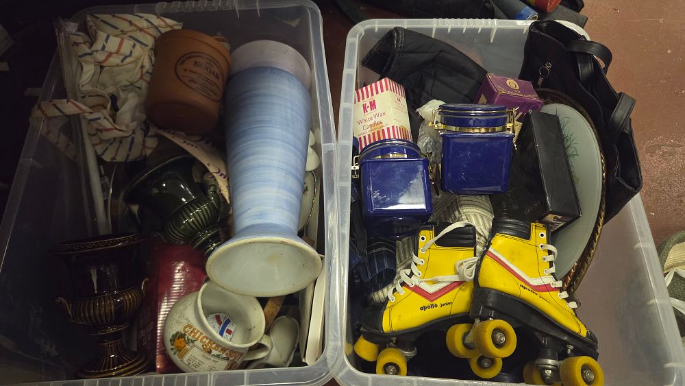 Lot 208 – An Assortment of Household Decorative Items, Kitchenware, and Children’s Roller Skates