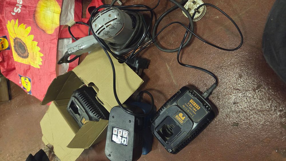 Lot 213 – A Group of Power Tool Equipment including a Vintage Metal Sander and DEC8253 Multi-Voltage Chargers