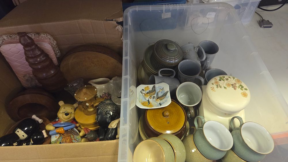 Lot 251 – Two Boxes of Ceramics, Woodenware, and Decorative Collectables
