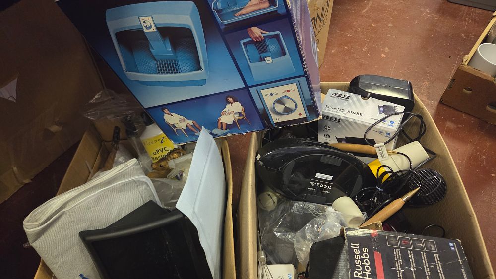 Lot 263 – Two Boxes of Household Appliances and Electronics including Clairol, ASUS, and Pure