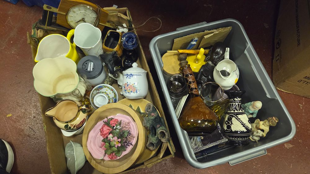 Lot 268 – Two Boxes of Decorative Objects and Household Items to Include Ceramics, Glassware, and a Wooden-Cased Wall Clock
