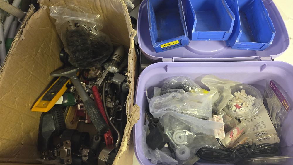 Lot 274 – Two Boxes of Miscellaneous Hand Tools, Hardware, and DIY Components